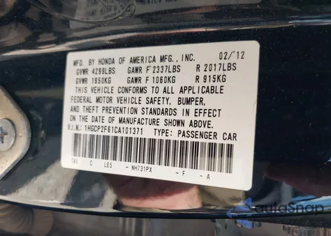 2012 Honda Accord Se z USA, uszkodzony, nr VIN 1HGCP2F61CA101371